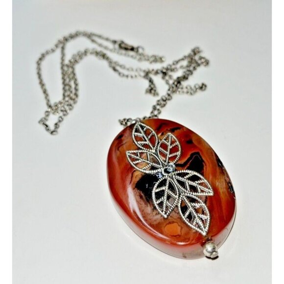 HM Silver Caramel Brown Black Oval Agate Stone Leaf Overlay Statement Necklace - Picture 7 of 8